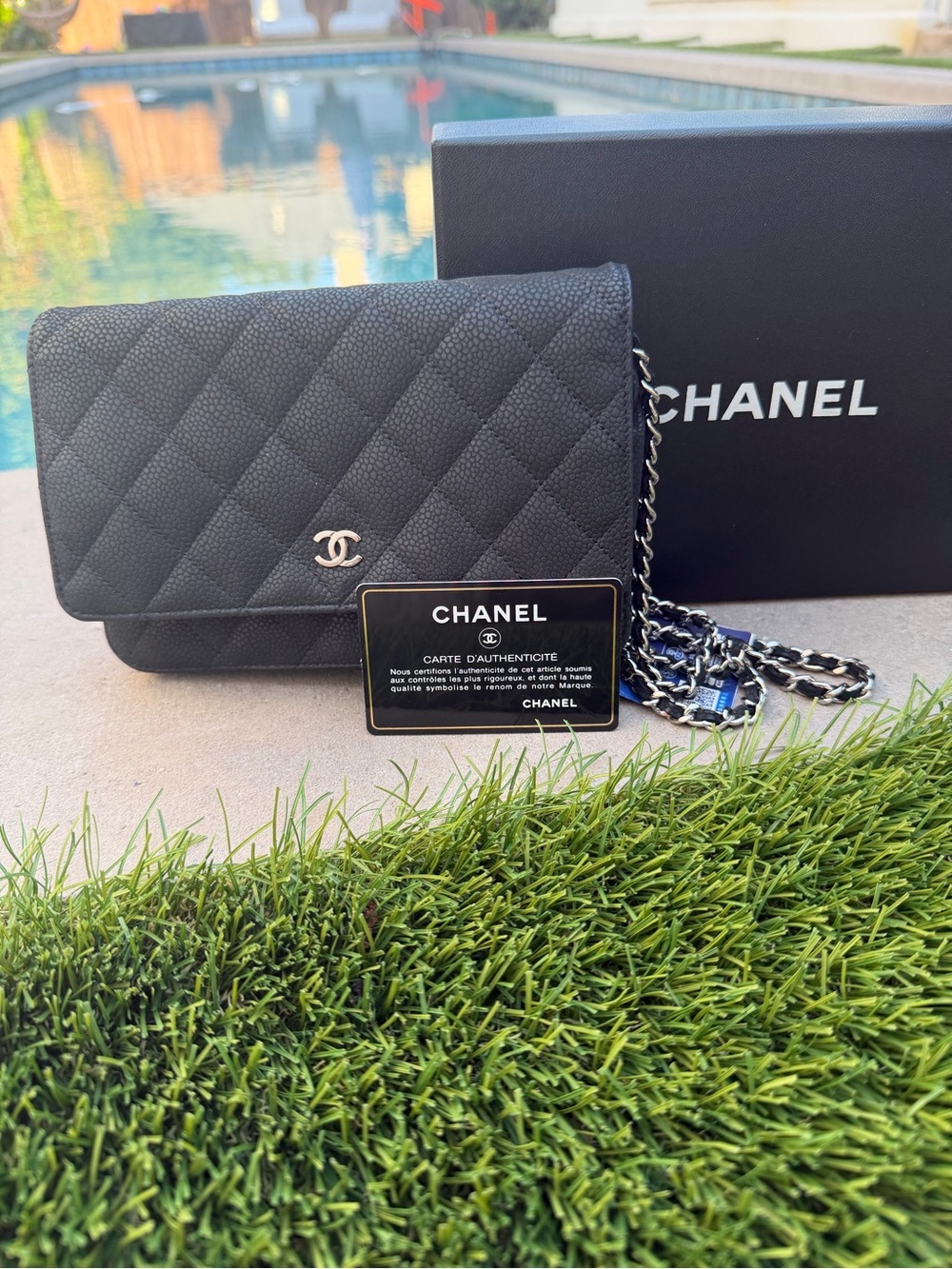 Chanel Wallet on Chain Quilted Caviar Matte Black Color, Silver Chain
